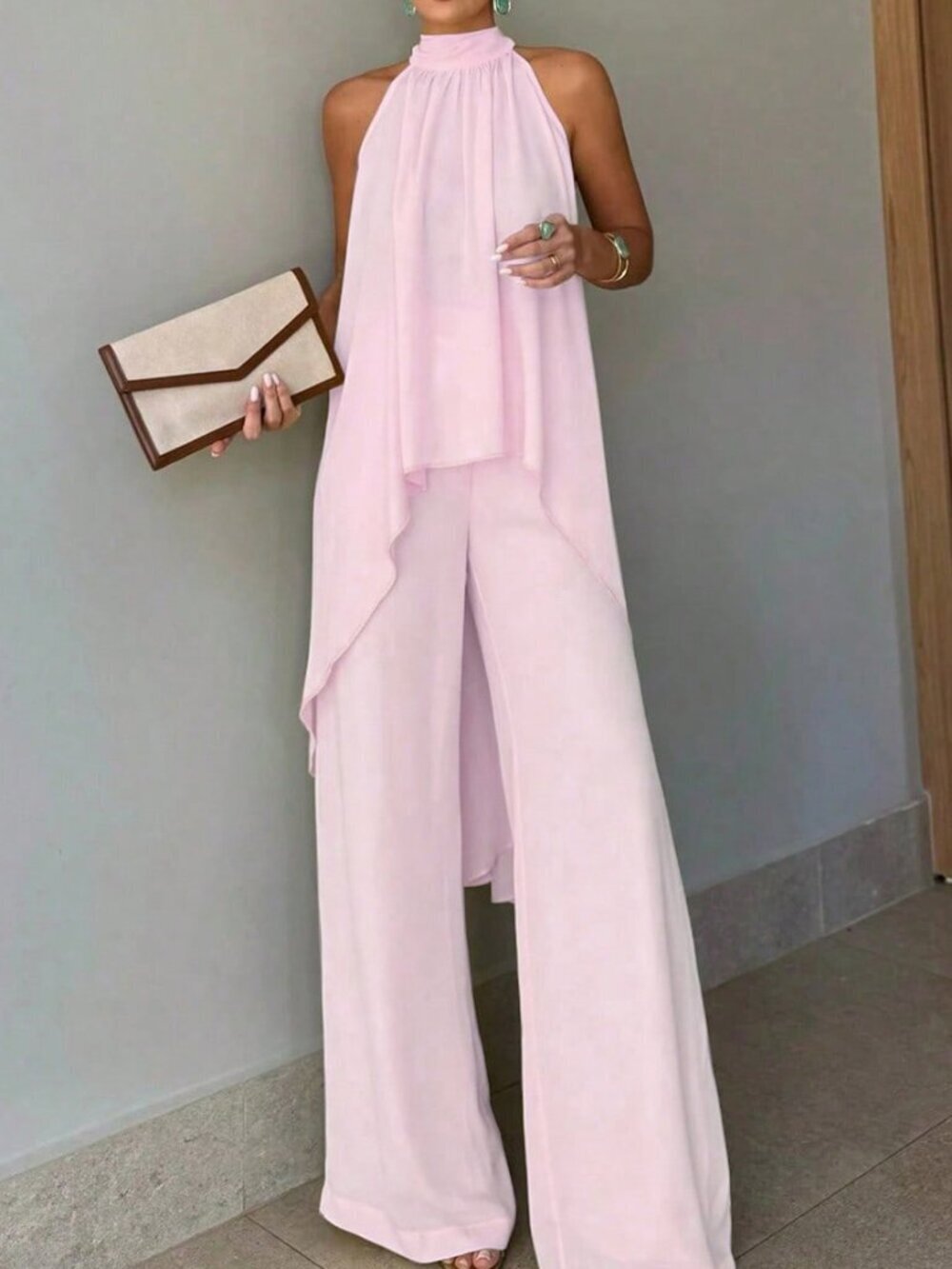 Pink Elegant Women's 2-Piece Halter Top and Long Pants Set